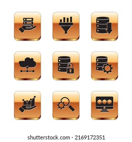 Set Server, Data, Web Hosting, Pie chart infographic, Magnifying glass and gear, security with lock, Network cloud connection, Monitor password and Sales funnel icon. Vector