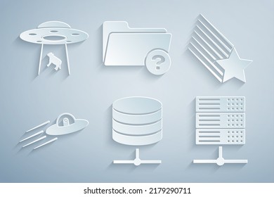 Set Server, Data, Web Hosting, Falling star, UFO flying spaceship and alien, , Unknown directory and abducts cow icon. Vector