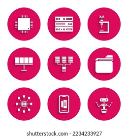Set Server, Data, Web Hosting, Smartphone, mobile phone, Robot, Document folder, Social network, Solar energy panel, Microscope and Processor with microcircuits CPU icon. Vector