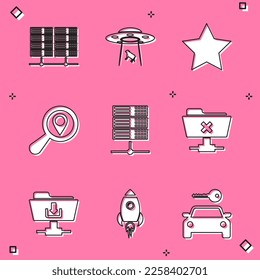 Set Server, Data, Web Hosting, UFO abducts cow, Star, Search location,  and FTP cancel operation icon. Vector