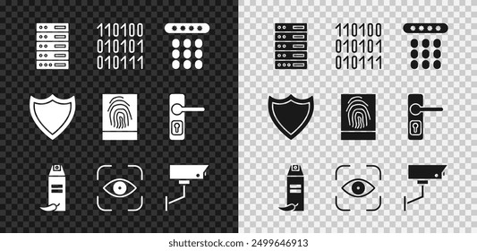 Establezca el servidor, los datos, el alojamiento del Web, el código binario, la protección de la Contraseña, el aerosol de pimienta, la exploración ocular, la cámara de seguridad, el escudo y el icono de la huella dactilar. Vector