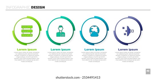 Definir configuração de Servidor, Dados, Hospedagem na Web, Engenheiro Analista, Rede social e Filtro. Modelo de infográfico comercial. Vetor