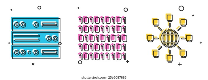 Set Server, Data, Web Hosting, Binary code and Social network icon. Vector