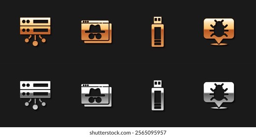 Set Server, Data, Web Hosting, Browser incognito window, USB flash drive and System bug icon. Vector