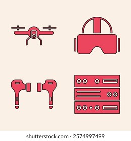 Set Server, Data, Web Hosting, Drone flying, Virtual reality glasses and Air headphones icon. Vector