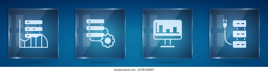 Set Server, Data, Web Hosting, and gear, Monitor with graph chart and . Square glass panels. Vector