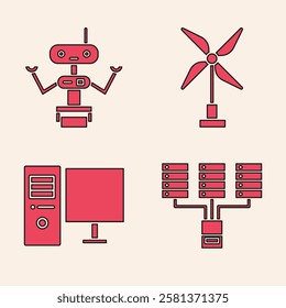 Set Server, Data, Web Hosting, Robot, Wind turbine and Computer monitor icon. Vector