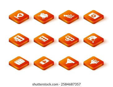 Set Server, Data, Web Hosting, Mobile with exclamation mark, Monitor password, Laptop, Sales funnel, Password protection, chart and Document search icon. Vector