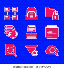 Set Server, Data, Web Hosting, Filter setting, Search cloud computing, Software, concept with folder, Network connection, Folder and lock and Hierarchy organogram chart icon. Vector