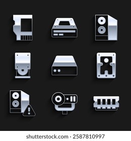 Set Server, Data, Web Hosting, camera, RAM, random access memory, Hard disk drive HDD, Case of computer, Optical disc,  and SD card icon. Vector