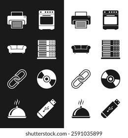 Set Server, Data, Web Hosting, Sofa, Printer, Oven, Chain link and CD or DVD disk icon. Vector