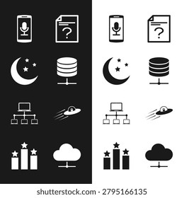 Set Server, Data, Web Hosting, Moon and stars, Mobile recording, Unknown document, Computer network and UFO flying spaceship alien icon. Vector