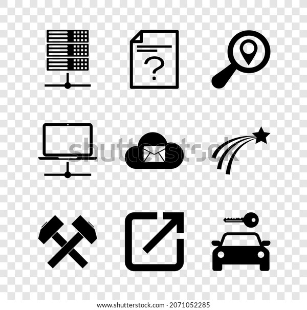 Set Server, Data, Web Hosting, Unknown document,\
Search location, Two crossed hammers, Open new window and Car\
rental icon. Vector