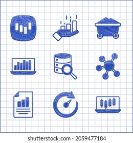 Set Server, Digital speed meter, Stocks market growth graphs, Project team base, Document with chart, Laptop, Coal mine trolley and Browser stocks icon. Vector