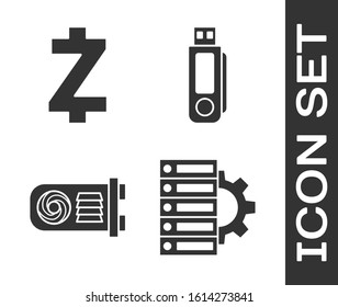 Set Server and gear, Cryptocurrency coin Zcash ZEC, Mining farm and USB flash drive icon. Vector