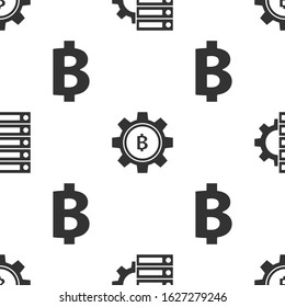 Set Server and gear, Cryptocurrency coin Bitcoin and Cryptocurrency coin Bitcoin on seamless pattern. Vector
