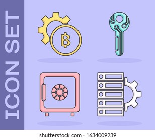Set Server and gear, Cryptocurrency coin Bitcoin, Safe and Cryptocurrency key icon. Vector