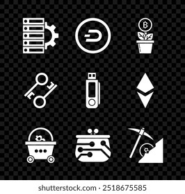 Servidor y equipo, moneda de criptomoneda Dash, planta de Bitcoin en la olla, cesta de compras con bitcoin, billetera, minería en la nube, llave e icono de unidad flash USB. Vector