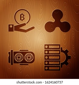 Set Server and gear, Hand holding Bitcoin, Mining farm and Cryptocurrency coin Ripple XRP on wooden background. Vector