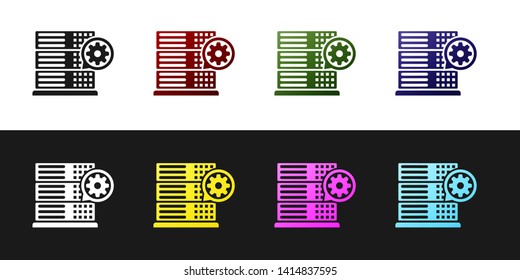 Set Server and gear icon isolated on black and white background. Adjusting app, service concept, setting options, maintenance, repair, fixing. Vector Illustration