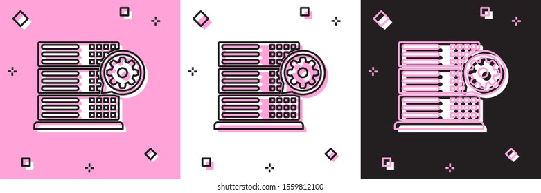 Set Server and gear icon isolated on pink and white, black background. Adjusting app, service concept, setting options, maintenance, repair, fixing.  Vector Illustration