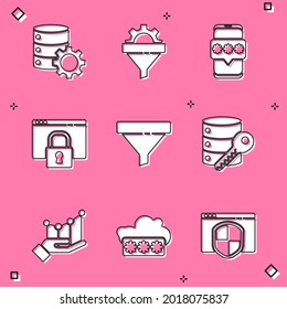 Set Server und Getriebe, Sales-Funnel mit, Mobile Passwort, Sichern Sie Ihre Website HTTPS, SSL, Sicherheitsschlüssel, Pie Diagramm Infografik und Passwortschutz Symbol. Vektorgrafik