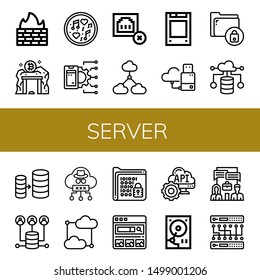 Set of server icons such as Firewall, Data mining, Music, Api, Connection error, Cloud computing, Solid state drive, Flash drive, Secure, Database, Server, Cloud, Encrypt , server