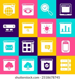 Set Server, Mobile phone, Graph chart infographic, Magnifying glass with check mark, Search engine,  and Browser window icon. Vector
