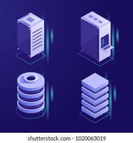 Set of server rack and database icons, digital technology elements, data center conceptual element isometric vector illustration ultraviolet background