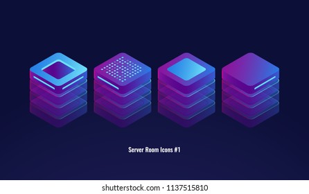 Set of server room icons, 3d database and datacenter concept, lighting technology object, element for design ultraviolet neon dark isometric vector illustration