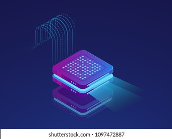 Set of server room icons, data center and database, futuristic data prcessing, cloud storage isometric vector dark ultra violet neon
