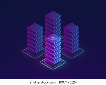 Set of server room icons, data center and database, futuristic data prcessing, cloud storage isometric vector dark ultra violet neon