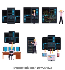 Set of server room images with data center and young system administrator configuring computer network and connecting cables while working with it technologies. Flat cartoon style vector illustration.