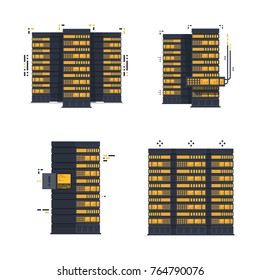 Set of server room racks vector illustration, row of servers, server with open technology repair door, hosting equipment flat picture isolated on white background