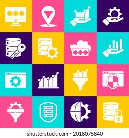 Set Server security with lock, Browser shield, Pie chart infographic, and gear, key, Monitor password and Password protection icon. Vector