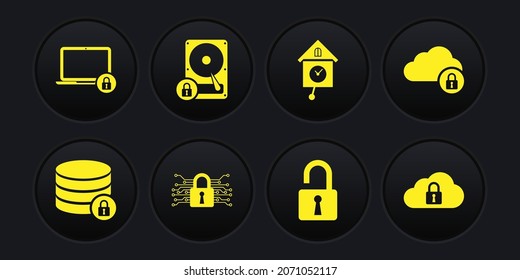 Set Server security with lock, Cloud computing, Cyber, Open padlock, Retro wall watch and Hard disk drive and icon. Vector