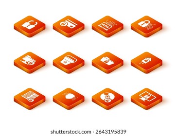 Set Server security with lock, Cyber, FTP folder and, Cooler bag, CD or DVD disk and Folder icon. Vector