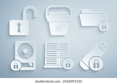 Set Server security with lock, Folder and, Hard disk drive, USB flash, Cooler bag and Open padlock icon. Vector