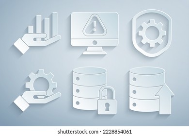 Set Server security with lock, Shield settings gear, Hand, Server, Data, Web Hosting, Monitor exclamation mark and Pie chart infographic icon. Vector