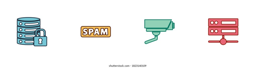 Set Server security with lock, Spam, Security camera and Server, Data, Web Hosting icon. Vector.