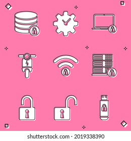 Set Server security with lock, Time Management, Laptop and, Electric scooter, Wifi locked and  icon. Vector