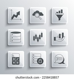 Set Server security with padlock, Data analysis, Pie chart infographic, Browser stocks market, Calculator, Financial growth and Sales funnel icon. Vector