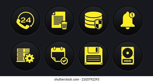 Set Server setting, Bell, Calendar with check mark, Floppy disk, Database protection and Delete file document icon. Vector