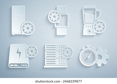 Set Server setting, Blender with bowl, Power bank, Time management, Smartwatch and Refrigerator icon. Vector