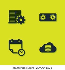 Set Server setting, Cloud database, Calendar and clock and Stereo speaker icon. Vector