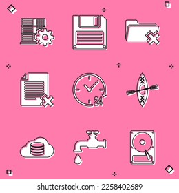 Set Server setting, Floppy disk, Delete folder, file document, Clock 24 hours and Kayak and paddle icon. Vector