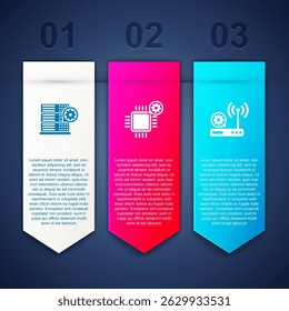 Defina a configuração Servidor, Processador e Roteador e wi-fi. Modelo de infográfico comercial. Vetor