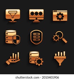 Set Server with shield, and gear, Sales funnel chart, Magnifying glass, Pie infographic, Browser setting and Location sales icon. Vector