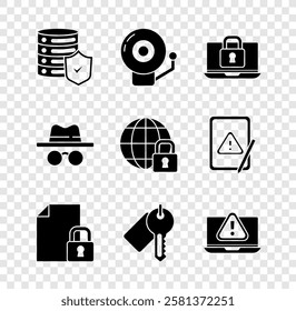 Set Server with shield, Ringing alarm bell, Laptop and lock, Document, Marked key, exclamation mark, Incognito mode and Global lockdown icon. Vector