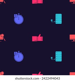 Set Server, Stopwatch, Hand thumb up and Computer monitor diagnostics on seamless pattern. Vector